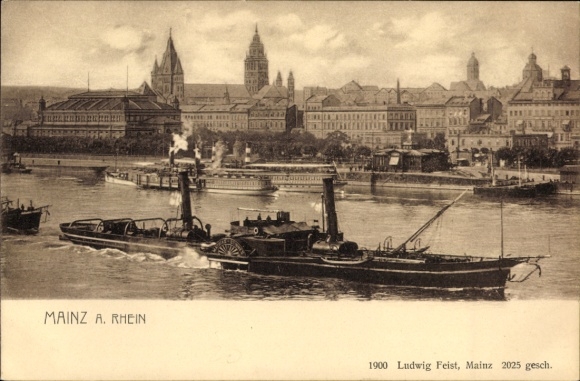 PC Mainz on the Rhine, Rhineland landscape, steamship, building, 1900