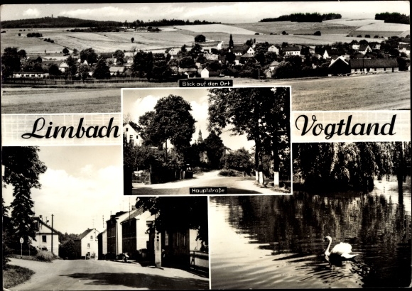 Postcard Limbach im Vogtland, panorama, main street, swan pond
