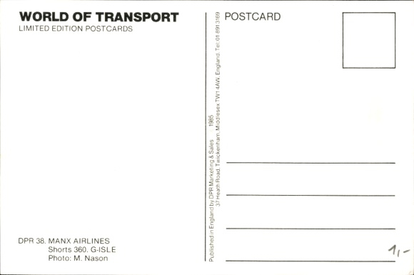 Postcard passenger aircraft Manx Airlines, Shorts 360, G-ISLE