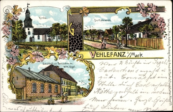 Chromo-Litho Vehlefanz Oberhavel, Dorfstrasse, church, inn and dance hall