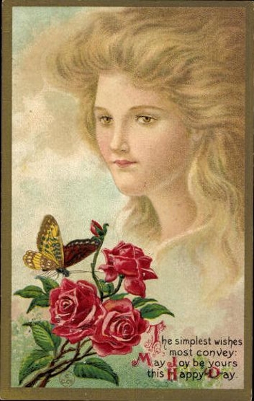 Complete series 12 embossed PCs Young woman, long hair, butterfly, angel
