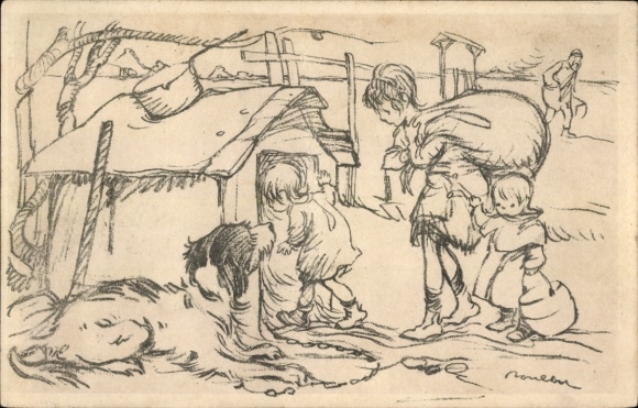 Artist Postcard Poulbot, Francisque, Children move into a doghouse