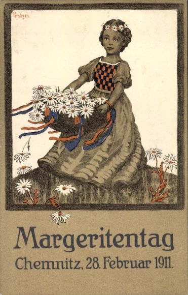 Artist Postcard Chemnitz in Saxony, Marguerite Day, 1911, Girl with flower basket