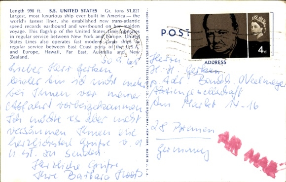 Postcard passenger steamer SS United States, United States Lines, USL