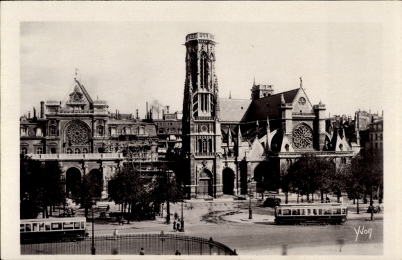 Ak Paris I Louvre, Saint Germain l'Auxerrois, Kirche, Straßenbahnen