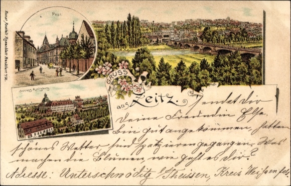 Litho Zeitz an der Weißen Elster im Burgenlandkreis, Schloss Moritzburg, Post, Panorama vom Ort