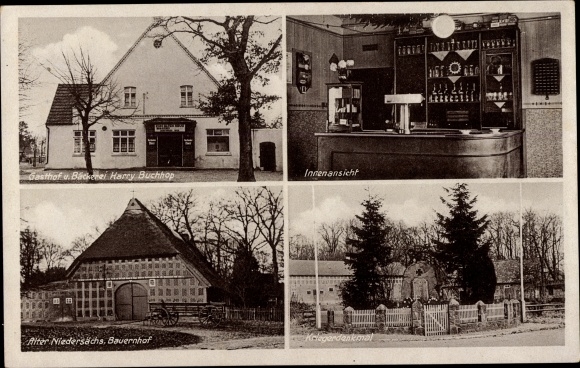 Postcard Hassendorf in Lower Saxony, inn and bakery Zum alten Krug, farm, war memorial