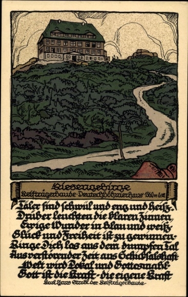 Stone print Postcard Szklarska Poręba Schreiberhau Giant Mountains Silesia, Reifträgerbaude, German Bohemia