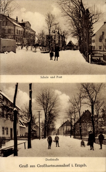 Postcard Großhartmannsdorf in the Erzgebirge, school, post office, village street, winter