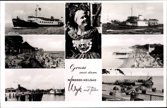 Ak Wyk op Föhr Noord-Friesland, centrale brug, Uthlande-schip, promenade, haven