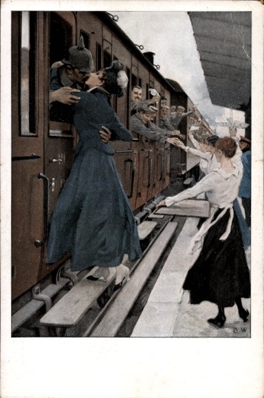 Artist Postcard Wennerberg, Bruno, The Kiss, Farewell at the Train Station, Soldiers, War March, I. WK