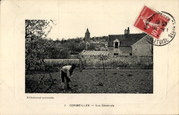 Postcard Cormeilles Eure, agricultural scenery, man at work, church in the background