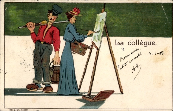 Chromo-Litho painter at the easel, painter with brush