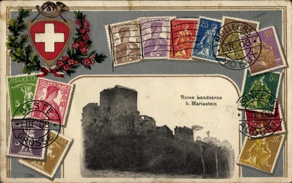 Embossed coat of arms stamps passepartout PC Mariastein Canton Solothurn, ruins Landskron Leymen