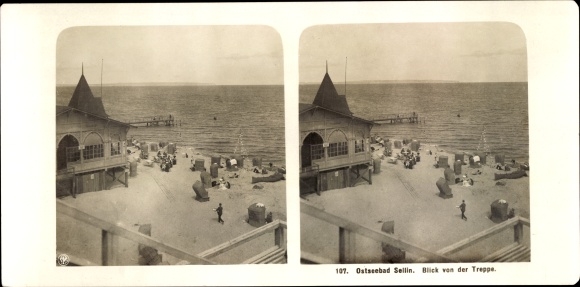 Stereo photo Baltic resort Sellin on Rügen, beach from the stairs to the pier