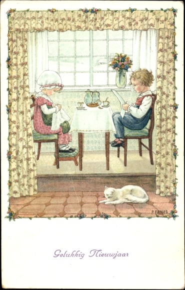 Artist PC Ebner, Pauli, where love there peace, children read the newspaper and knit at the table, cat