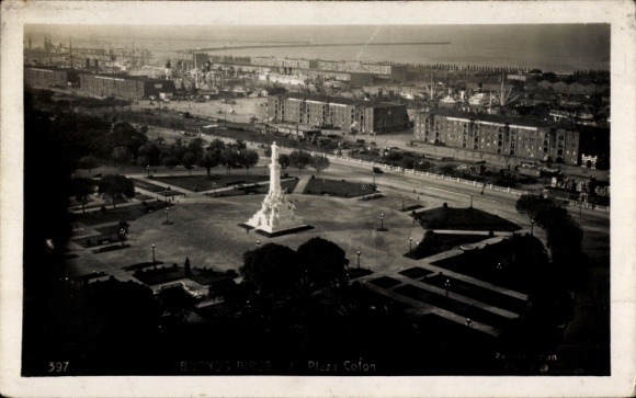 Postcard Buenos Aires Argentina, Plaza Cofon, monument, cityscape, black and white photo