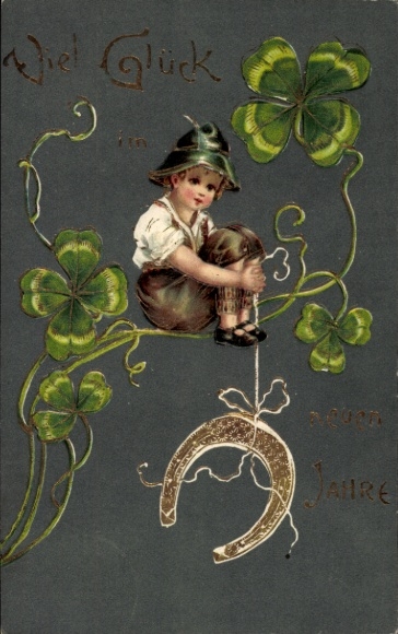 Embossed Postcard Congratulations New Year, boy, lucky clover, horseshoe