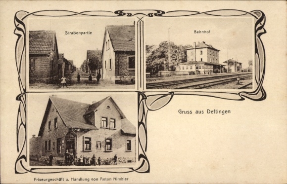 Jugendstil Ak Dettingen Karlstein am Main Unterfranken, Bahnhof Gleisseite, Friseurgeschäft