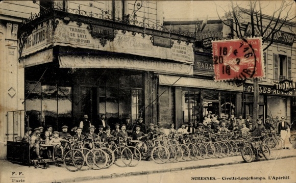 Ak Suresnes Hauts de Seine, Bunte Szene mit Radfahrern, Café und Gebäuden, Paris