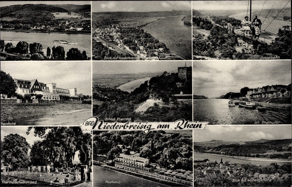 Postcard Niederbreisig Bad Breisig am Rhein, Rheineck Castle, Kurhaus, Rheinhotel, chairlift