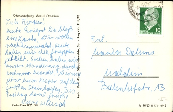 Postcard Schmiedeberg Dippoldiswalde in the Eastern Ore Mountains, Chapel of Peace and railway line