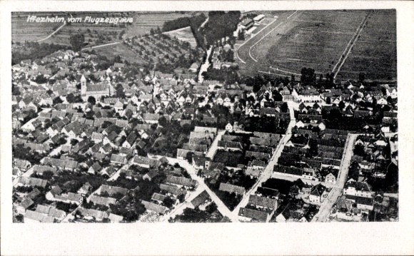 Postcard Iffezheim am Rhein, aerial photograph, city view, residential buildings, streets, rural surroundings