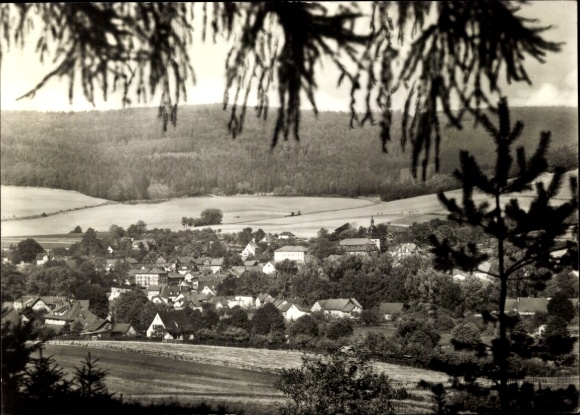 Postcard Stadtlengsfeld in the Rhön Thuringia, beautiful view of landscape with houses, trees in the foreground