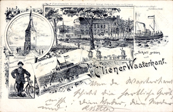 Chromo-Litho Cliener Waaterkant, Wangerooge, Carolinensiel, Spiekerooge, Steamer Nordfriesland