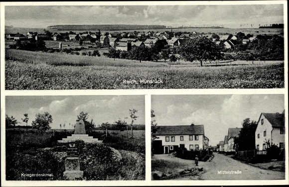 Postcard Reich im Hunsrück, war memorial, central street, general view