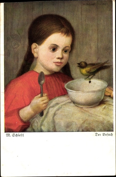 Artist PC Schiestl, Matthäus, The Visit, Girl, Soup Plate, Bird