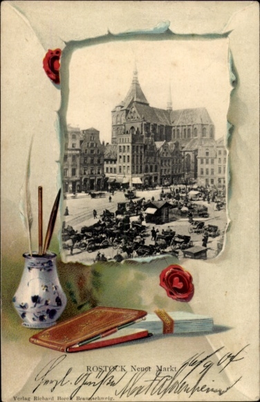 Präge Passepartout Ak Hansestadt Rostock, Neuer Markt, Marienkirche, Tintenfass, Federkiel