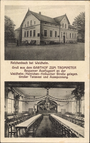 Ansichtkaart Reichenbach Kriebstein in Saksen, Gasthof zum Trompeter, Waldheim-Hainichen-Roßweiner Straße
