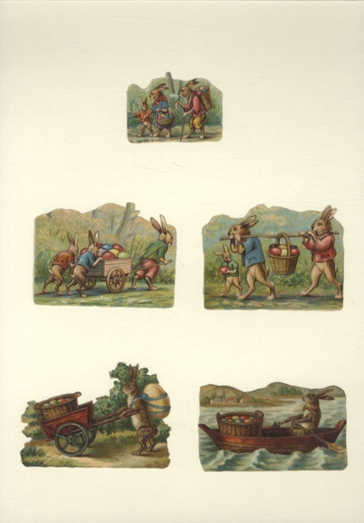 5 Oblaten Osterhasen bei der Arbeit, Größe ca. 6 x 8 cm und 4 x 5,5 cm