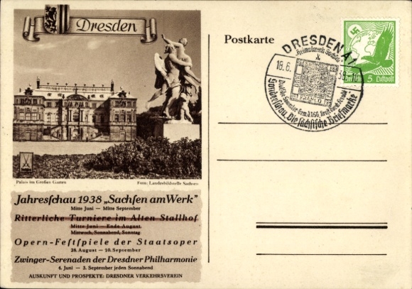 Postcard Dresden Altstadt, Saxony at Work, Annual Exhibition 1938, Palais im Grosser Garten