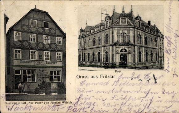PC Fritzlar in Hesse, with the restaurant ZUR POST, a pretty building, greetings from Frit...