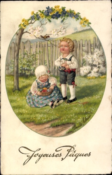 Kunstenaar litho Ebner, Pauli, Vrolijk Pasen, kinderen op een weide, paaseieren