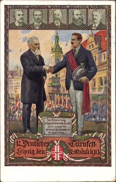 Artist Chromo-Litho Liebing, Leipzig in Saxony, 12th German Gymnastics Festival 1913, heart and hand to the fatherland