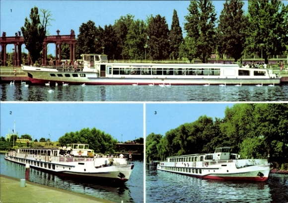 Postcard VEB Verkehrsbetriebe Potsdam, White Fleet, MS Strandbad Ferch, MS Cecilienhof, MS Sanssouci