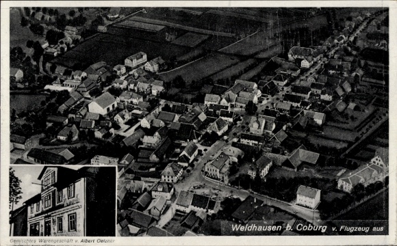 Postcard Weidhausen near Coburg Upper Franconia, aerial photograph, Albert Oetzner business building