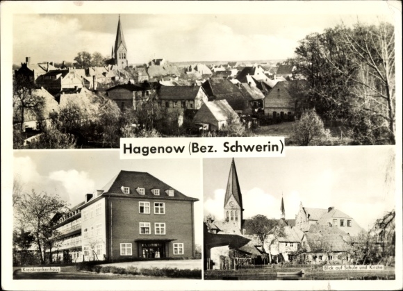KP Hagenow w Meklemburgii na Pomorzu Przednim, widok na miasto z kościołem, szpital powiatowy, widok na szkołę