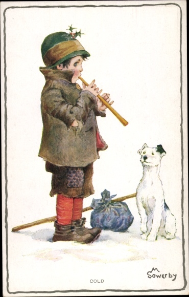Artist PC Sowerby, M., Cold, Arme jongen met een fluit en een hond in de sneeuw
