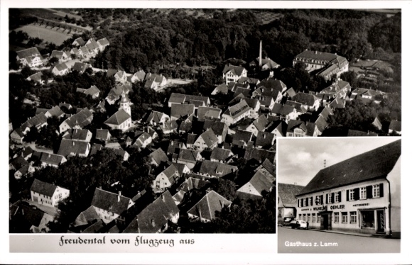 Postcard Freudental in Württemberg, aerial photograph, Gasthof zum Lamm