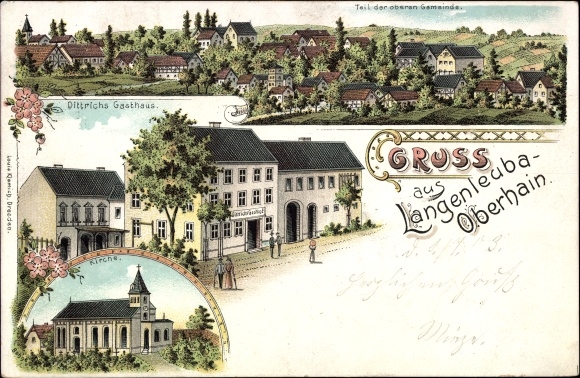 Litho Langenleuba Oberhain Penig in Sachsen, Kirche, Gasthaus, Teilansicht