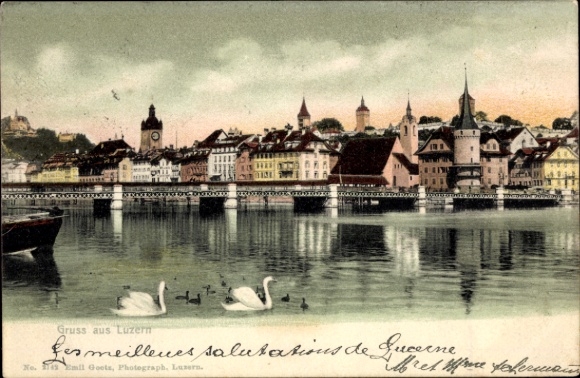 Ak Lucerne Luzern Stadt Schweiz,  malerische Uferpromenade, Schwanenpaar,  Gebäude