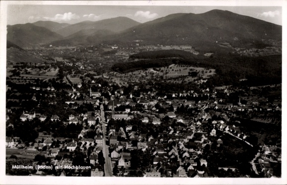 Postcard Müllheim in Baden Markgräflerland, landscape photo, city view, Hochblauen in the background