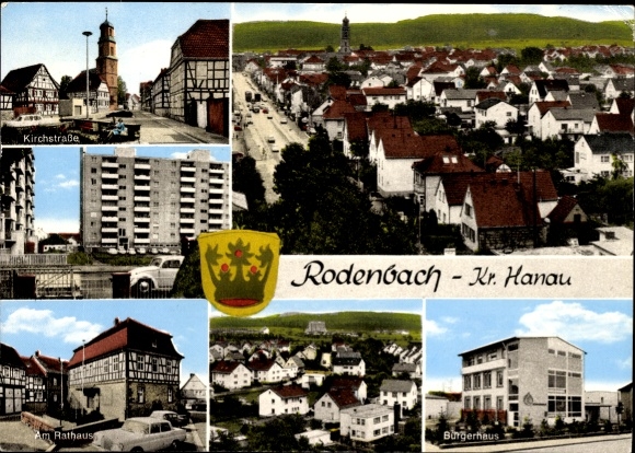 Postcard Niederrodenbach Rodenbach in Hessen, partial view, coat of arms, town hall, community center