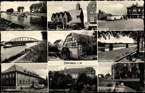 Postcard Dorsten in Westphalia, Franciscan church, train station, Winksmühle, Ursuline monastery, school