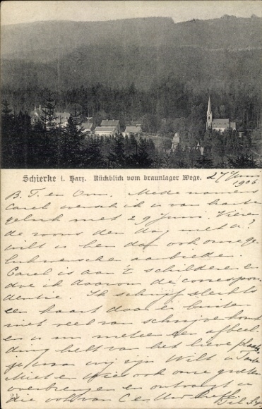 Postcard Schierke Wernigerode in the Harz, black and white picture, church, forest, small settlement,