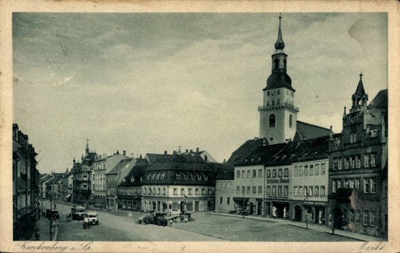 Ak Frankenberg in Sachsen, Stadtansicht mit Kirche, markante Gebäude, Fahrzeuge, historisch